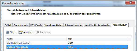 Bildschirmfoto von Datei > Kontoeinstellungen > Kontoeinstellungen... > Registerkarte Adressbücher