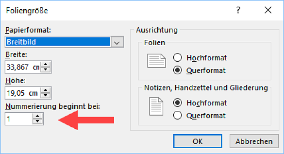 Dialogfenster Foliengröße