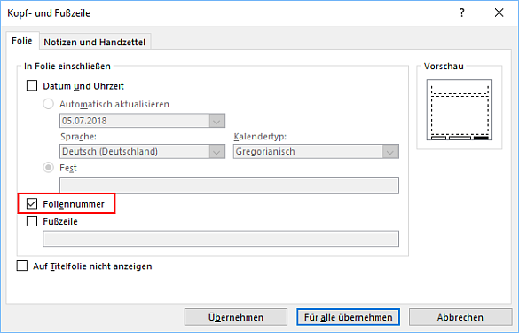 Abbildung des Dialogfensters Kopf-und Fußzeile, Registerkarte Folie