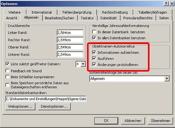 Optionen Registerkarte Allgemein