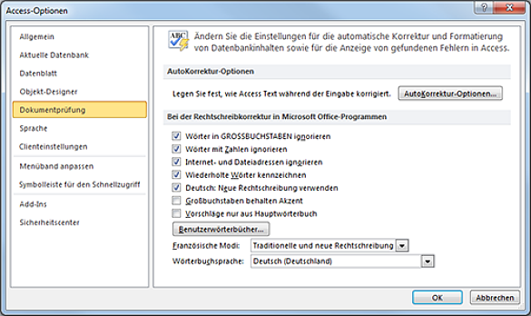 Einstellung der Access-Optionen -Dokumentprüfung