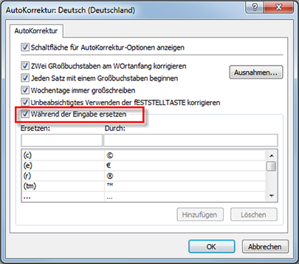 Autokorrektur - Optionen