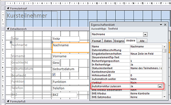 Steuerelementeigenschaft Autokorrektur