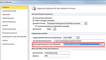 Einstellung der Access-Optionen - Registerkarte Allgemein