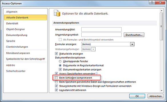Access- Optionen, Aktuelle Datenbank