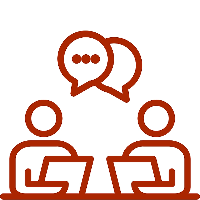 Zwei gezeichnete Figuren sitzen sich an einem Tisch gegenüber. Sie halten jeweils ein Papier in der Hand und unterhalten sich (sie haben Sprechblasen über ihren Köpfen)