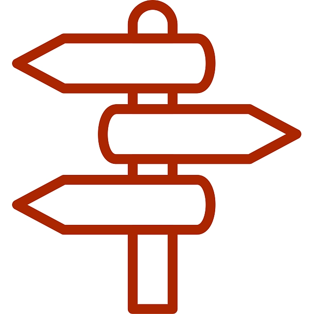 eine Zeichnung von einem Wegweiser, der in verschiedene Richtungen zeigt; die Wegweiser-Schilder sind nicht beschriftet